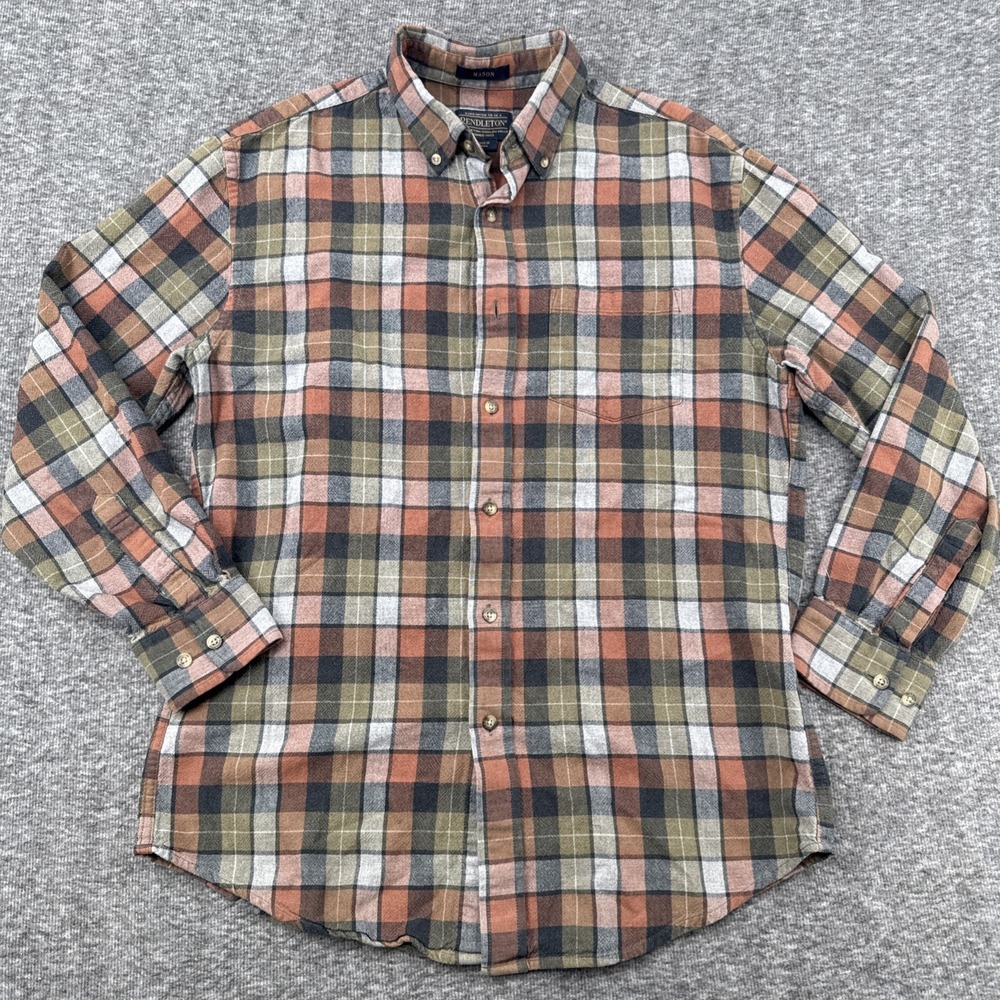Pendleton Mason Plaid Flannel Button Up Shirt Men's Medium Orange Black Grey